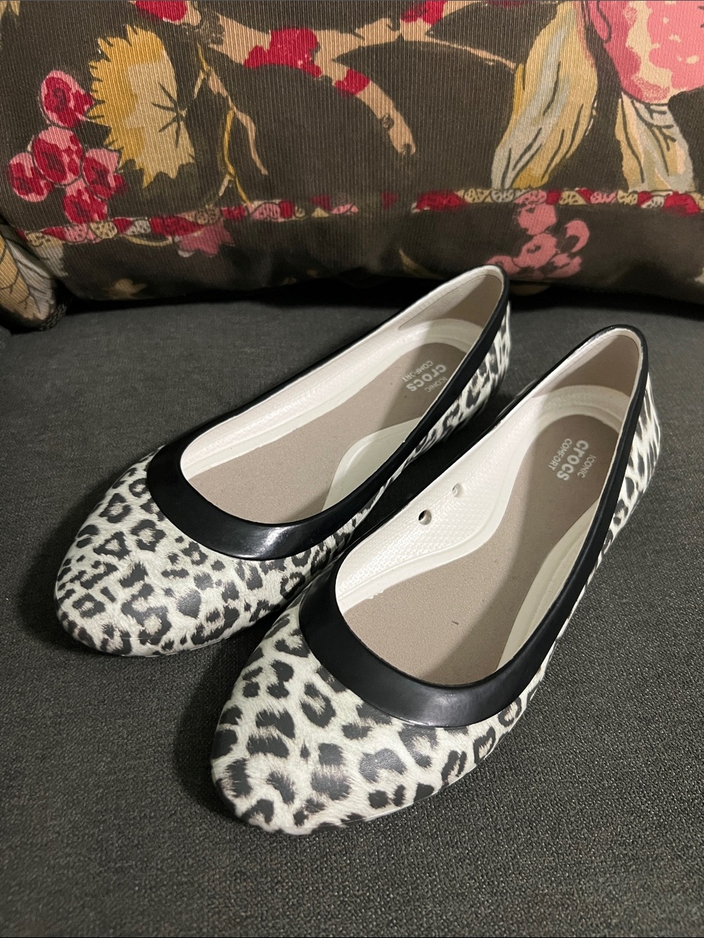 CROCS Leopard-Print Ballet Flats in Black and Cream